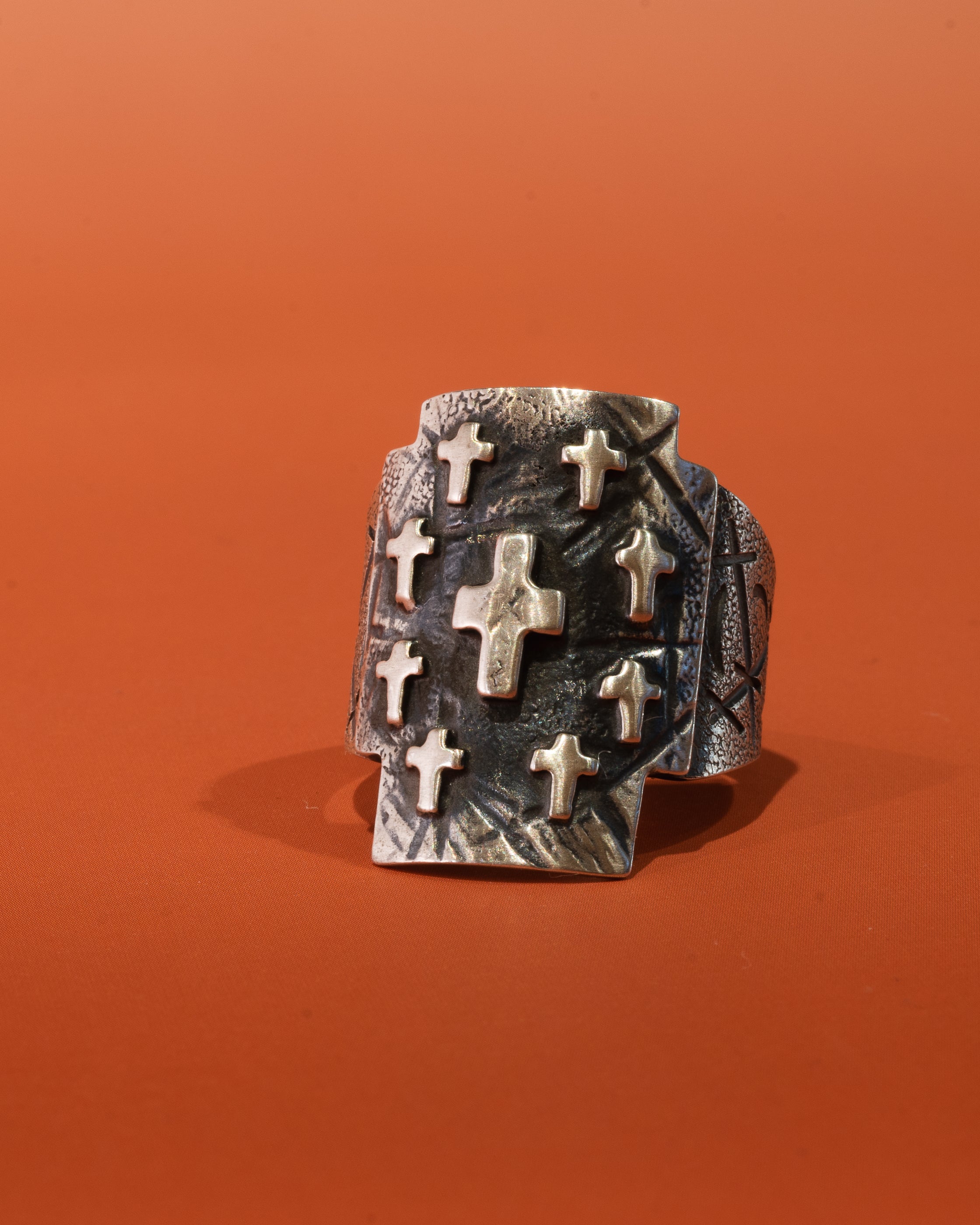 9-Cross Motif Engraved Silver Ring - Size 9.25